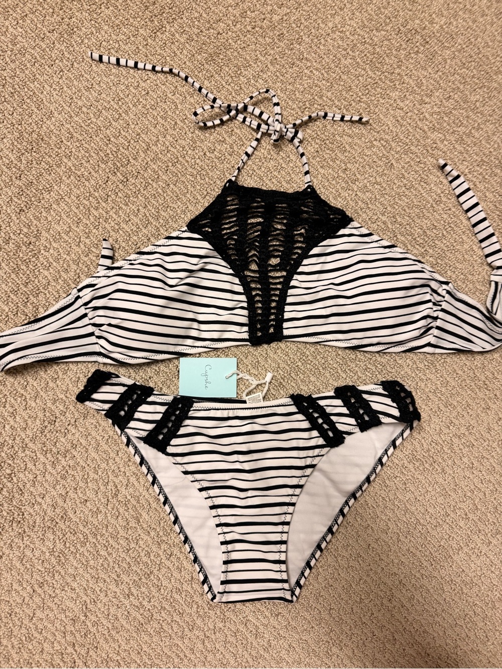 Cupshe Black and White Striped Crochet Bikini Set